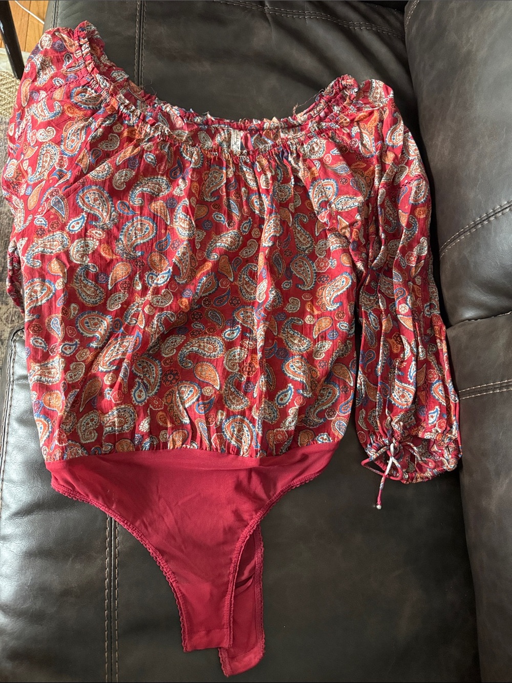 Free People Red Paisley Off-Shoulder Bodysuit